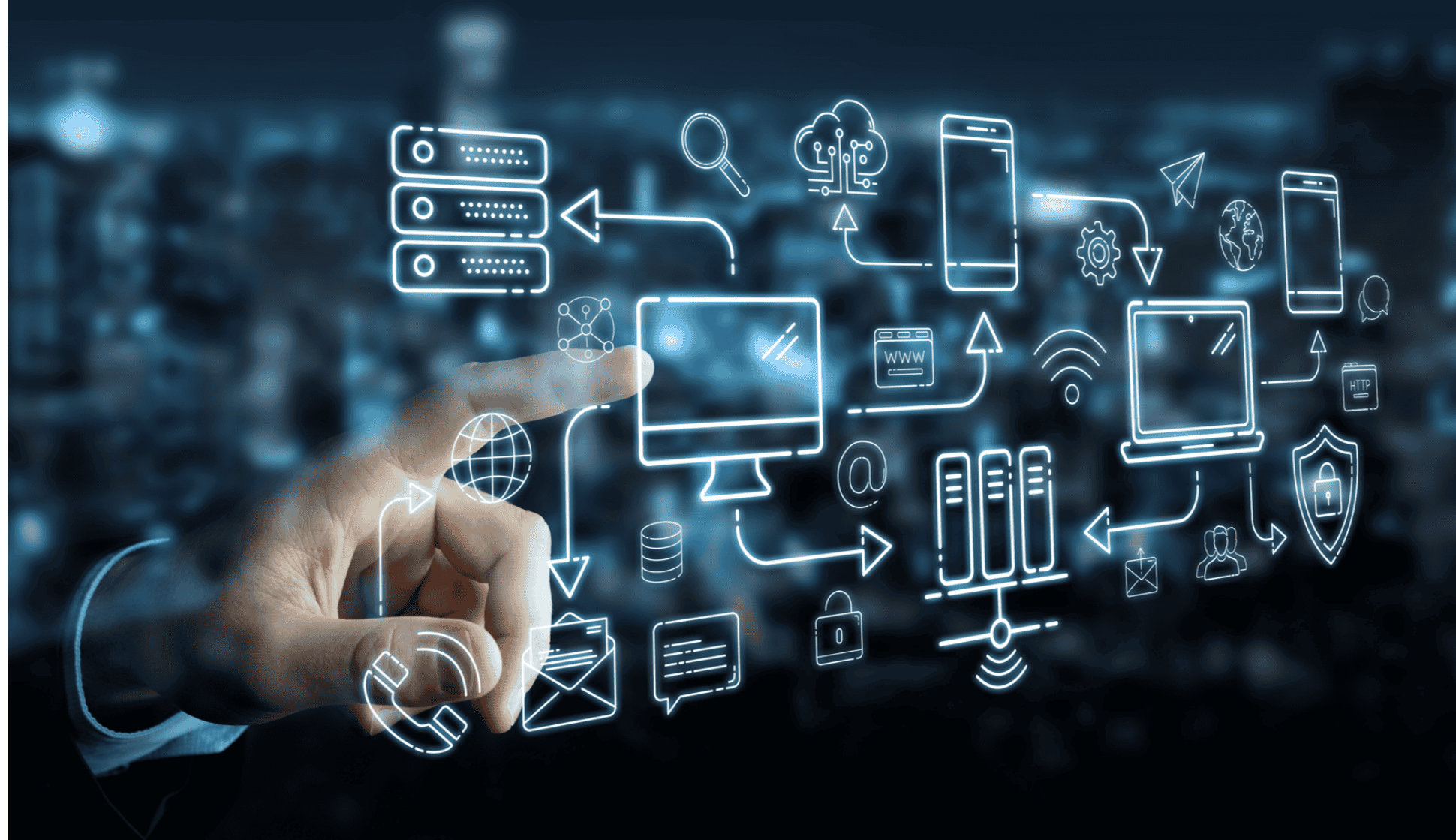 A graphic on a touchscreen shows Cloud-based connections between devices and communication channels (phone, email, SMS)